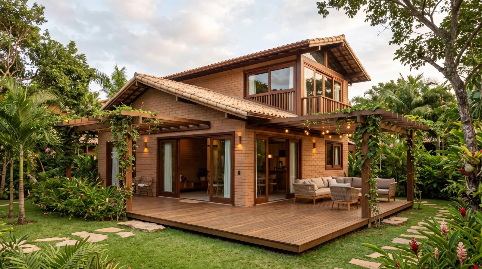 Casa de tijolo ecológico aparente, com varanda de madeira, pergolado e jardim tropical