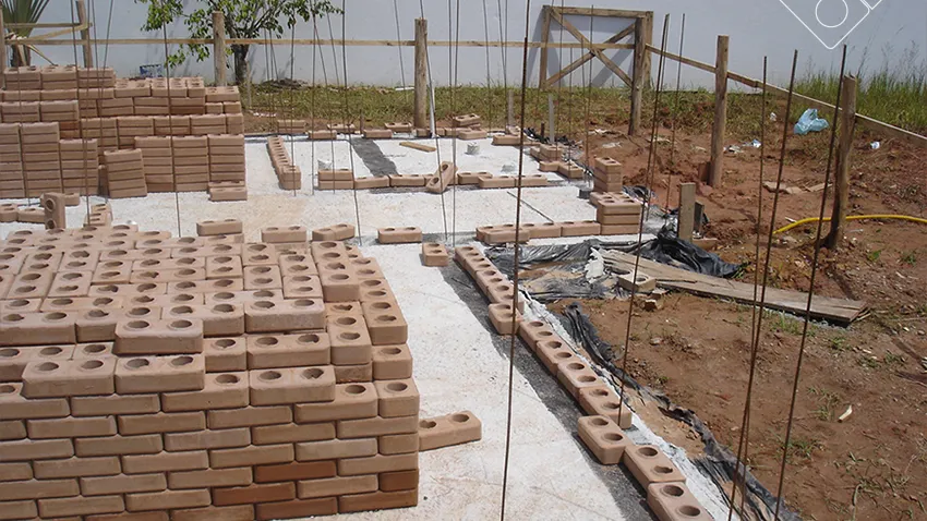 Ecological bricks stacked on the building site